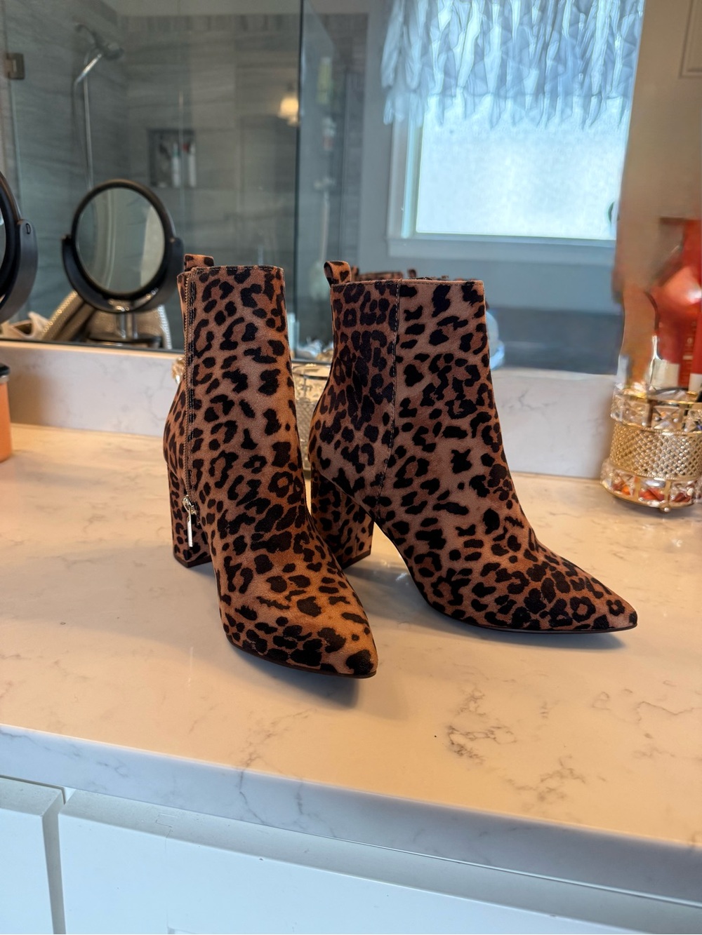 Shoe Dazzle Leopard Print Pointed Toe Ankle Boots - Brown/Black